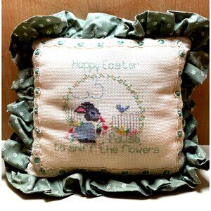 Handmade Easter Cross-Stitch Decorative Pillow With Floral Ruffle Trim & Message